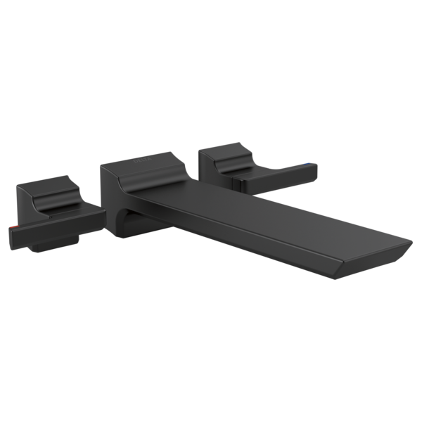 Black wall-mounted tub filler with two lever handles and a wide rectangular spout.
