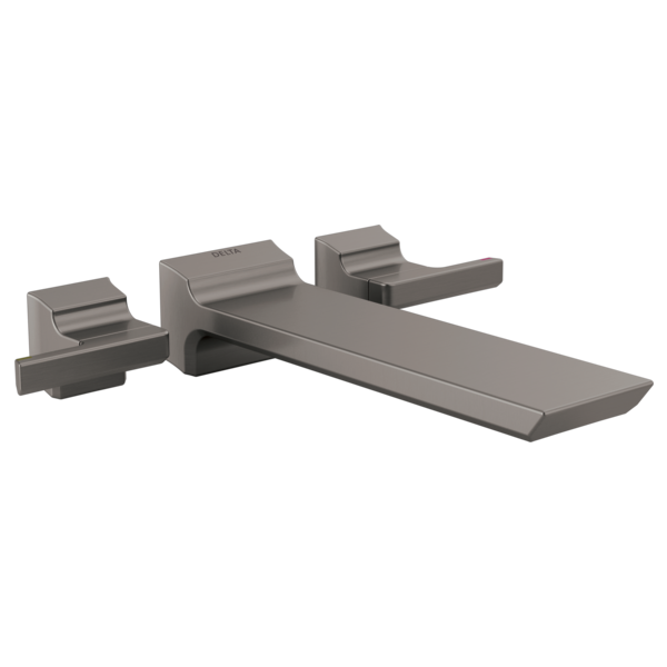 Chrome two-handle wall-mounted tub filler with rectangular spout and lever controls on either side.