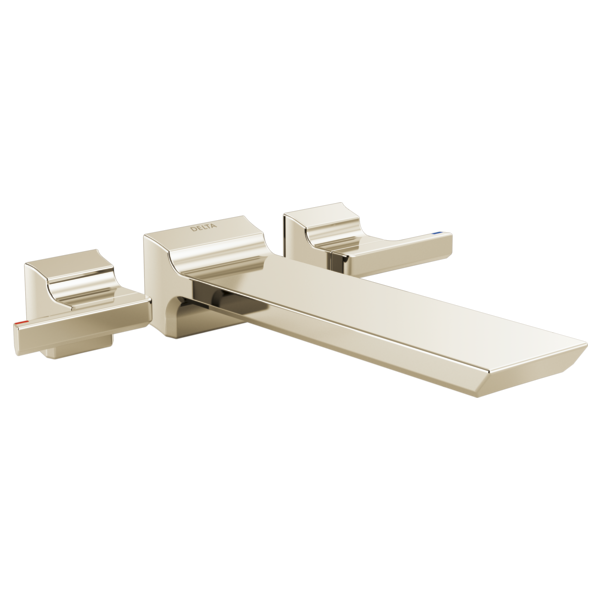 Brushed nickel wall-mounted tub filler with two lever handles and a curved spout.