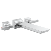 Chrome wall-mounted tub filler with two lever handles and a curved spout.
