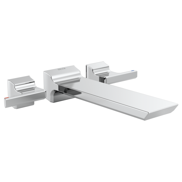 Chrome wall-mounted tub filler with two lever handles and a curved spout.