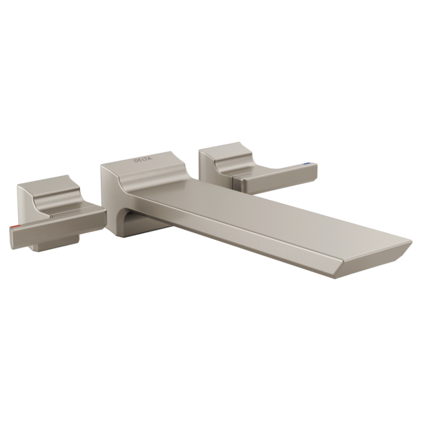 Brushed nickel wall-mounted tub filler with two lever handles and an extended spout.