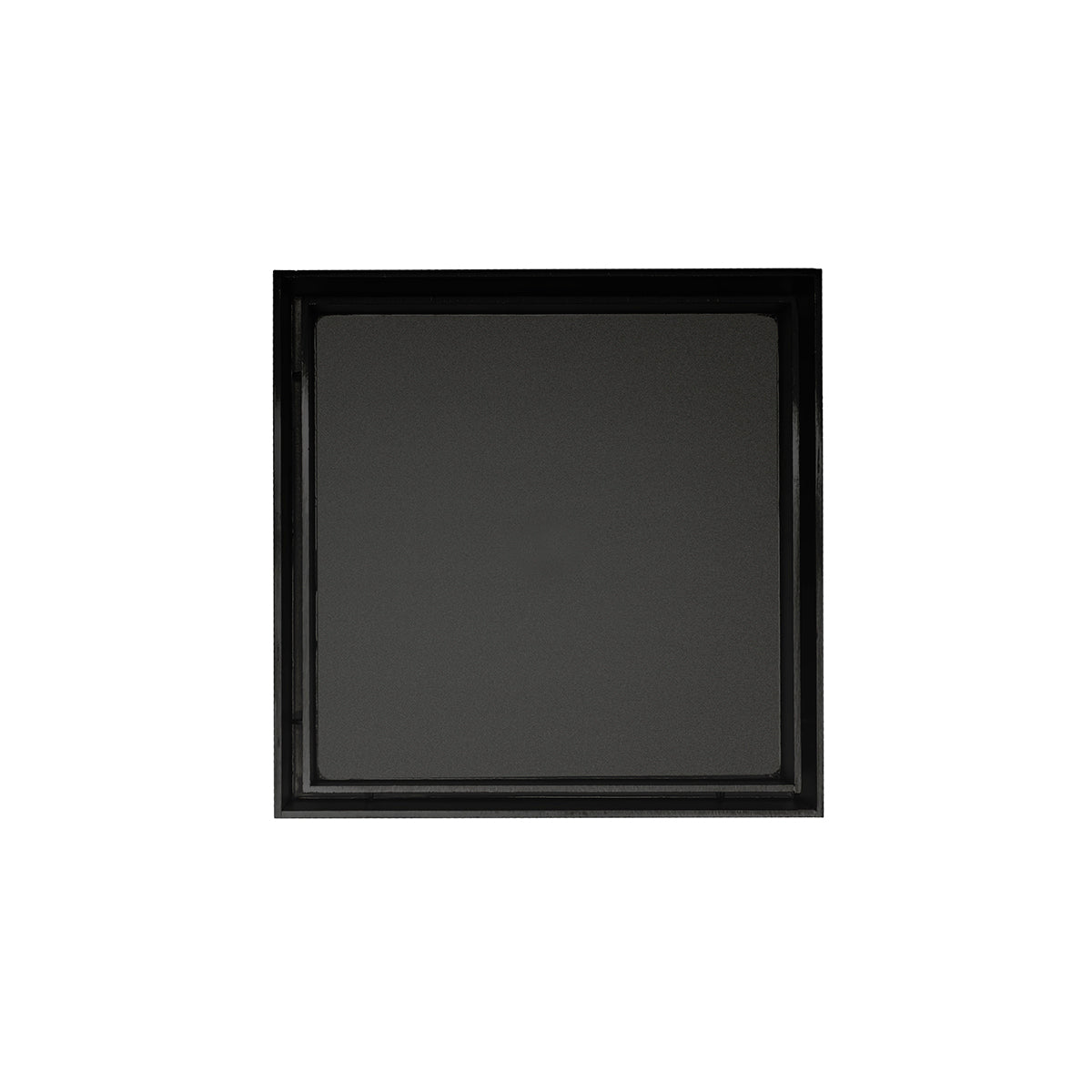 Matte black square drain cover with recessed center opening and raised border frame.