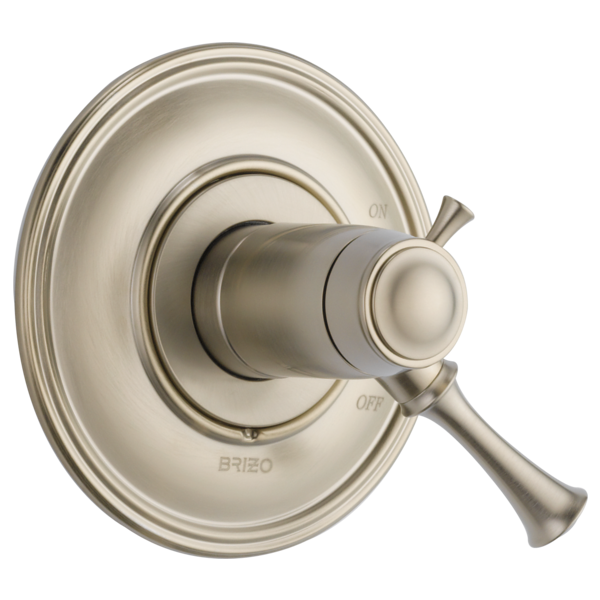Brushed nickel thermostatic valve trim with round escutcheon plate and lever handle for shower or bath control.