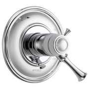 Chrome thermostatic valve trim with round escutcheon plate and lever handle marked on/off.