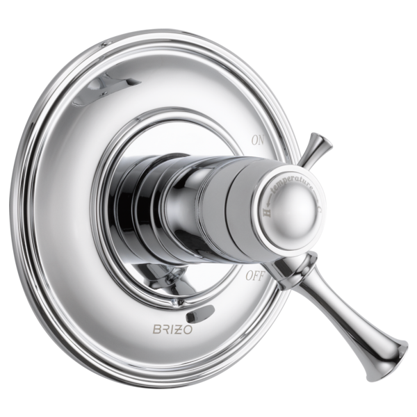 Chrome thermostatic valve trim with round escutcheon plate and lever handle marked on/off.