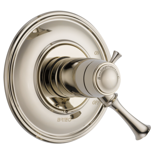 Polished nickel thermostatic valve trim with circular escutcheon plate and lever handle.