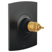 Matte black curved thermostatic valve trim with brass cartridge valve visible on front, no handles attached.