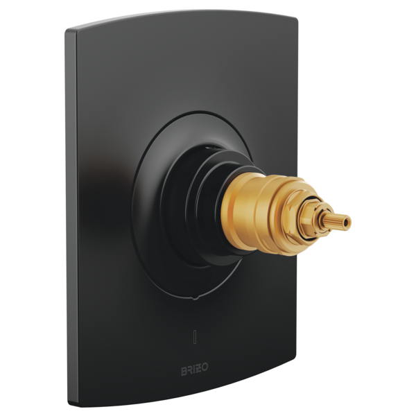 Matte black curved thermostatic valve trim with brass cartridge valve visible on front, no handles attached.