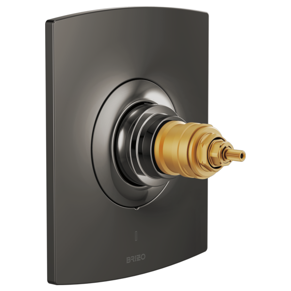 Matte black thermostatic valve trim with brass cartridge stem and rounded rectangular escutcheon plate.