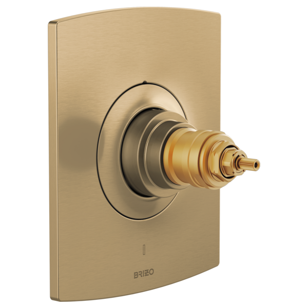Champagne bronze thermostatic valve trim with rounded rectangular escutcheon plate and exposed cartridge valve body.