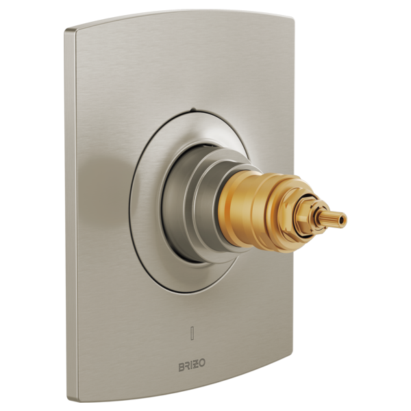 Brushed nickel thermostatic valve trim with brass cartridge connection and rounded rectangular escutcheon plate.
