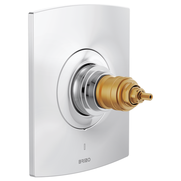 Brizo Kintsu thermostatic valve trim with white curved escutcheon and brass cartridge valve, handles not included.