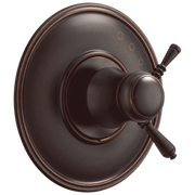 Oil-rubbed bronze thermostatic valve trim with oval escutcheon plate and lever handle.