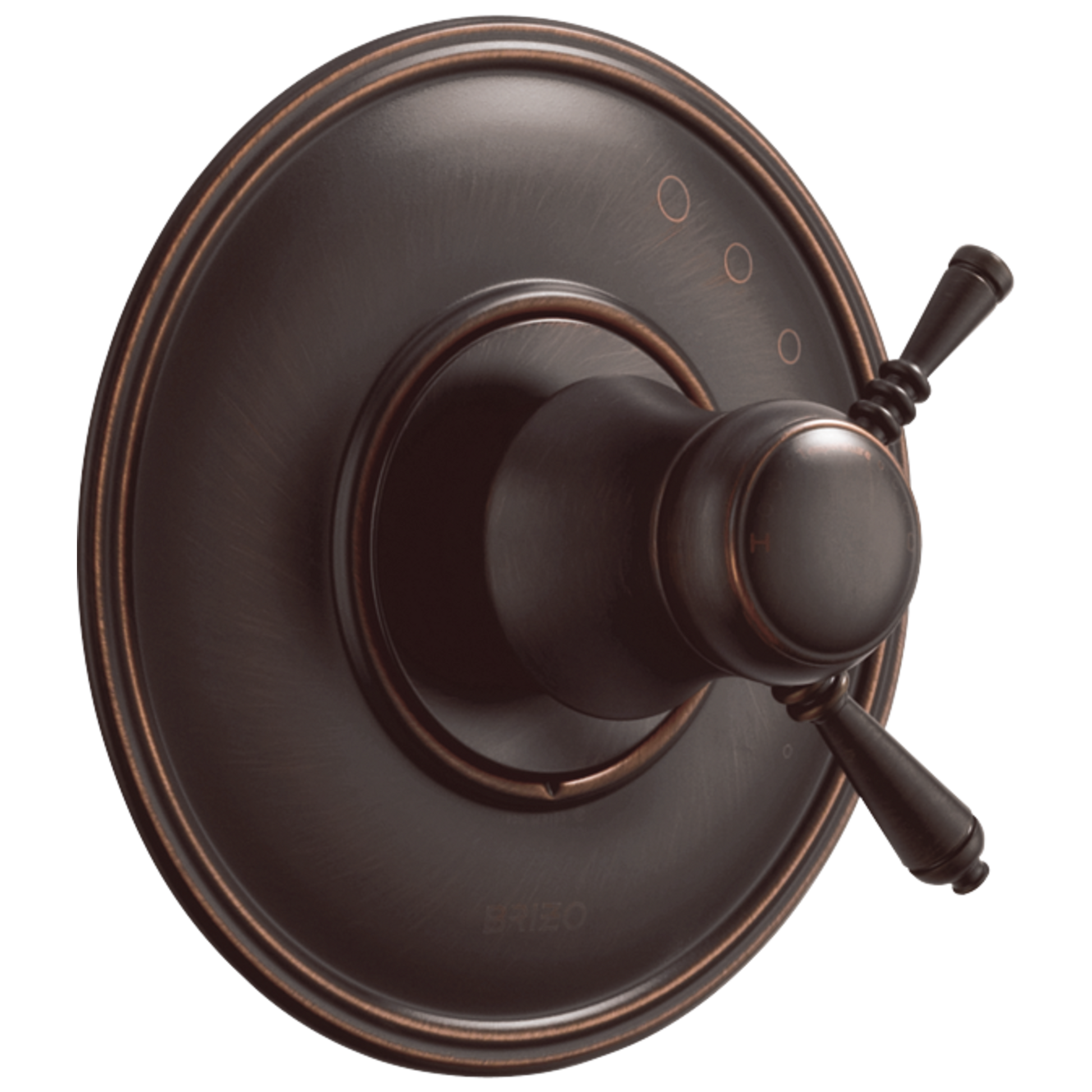 Oil-rubbed bronze thermostatic valve trim with oval escutcheon plate and lever handle.