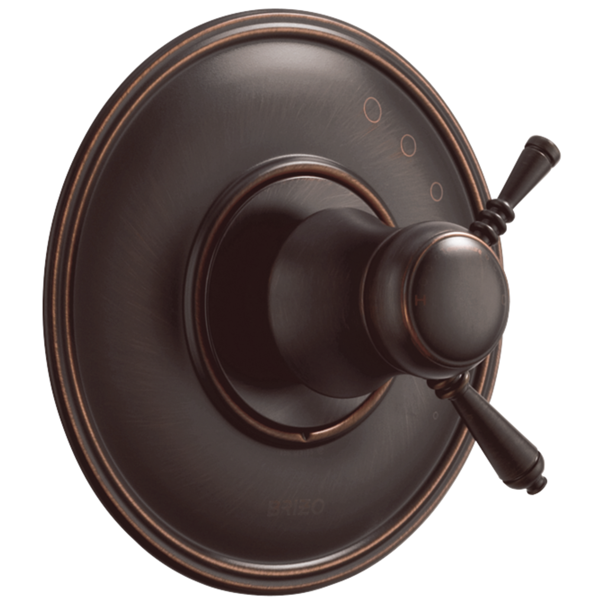 Oil-rubbed bronze thermostatic valve trim with oval escutcheon plate and lever handle.