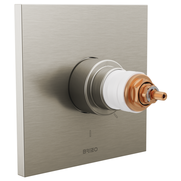 Brushed nickel thermostatic valve trim with layered knob design and copper outlet, mounted on square wall plate.