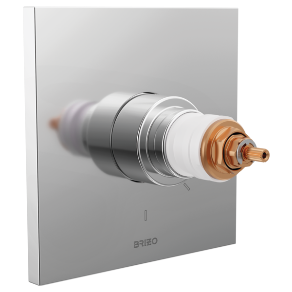 Brizo thermostatic valve trim with copper outlet and gray square escutcheon plate, handles not included.