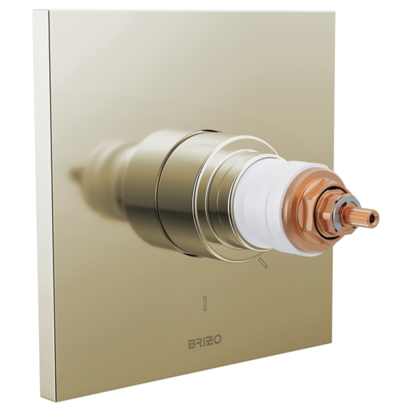 Brizo thermostatic valve trim with layered metal components and copper inlet, mounted on brushed bronze square escutcheon pla