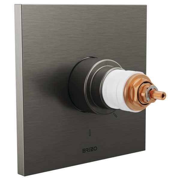 Brushed gray square valve trim with layered black, white, and copper internal components visible on gunmetal background plate