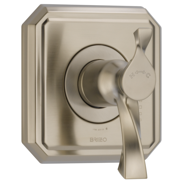 Brushed nickel thermostatic valve trim with octagonal escutcheon plate, single lever handle, and circular dial control.