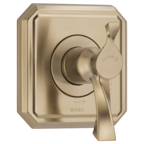 Brushed nickel thermostatic valve trim with octagonal escutcheon plate and single lever handle.