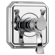 Polished chrome thermostatic valve trim with single lever handle and round escutcheon plate.