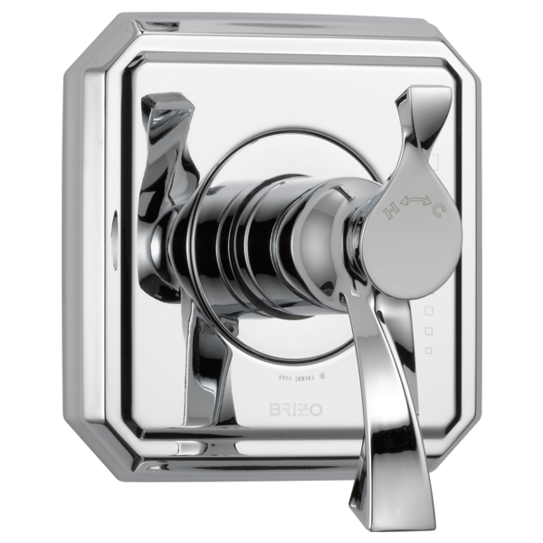 Polished chrome thermostatic valve trim with single lever handle and round escutcheon plate.