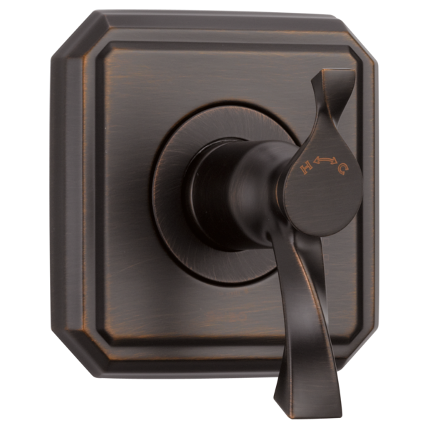 Brizo Virage thermostatic valve trim in oil-rubbed bronze with square escutcheon plate and lever handle.