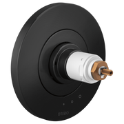 Matte black circular thermostatic valve trim with concentric rings and brass cartridge connection, no handles included.