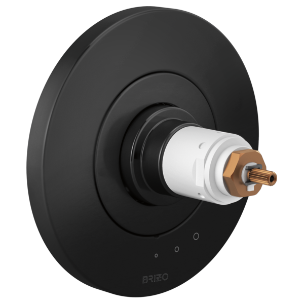 Matte black circular thermostatic valve trim with concentric rings and brass cartridge connection, no handles included.