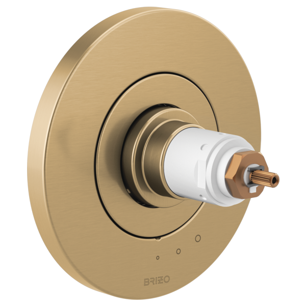 Champagne bronze circular thermostatic valve trim with concentric rings and white cartridge center, without handles.