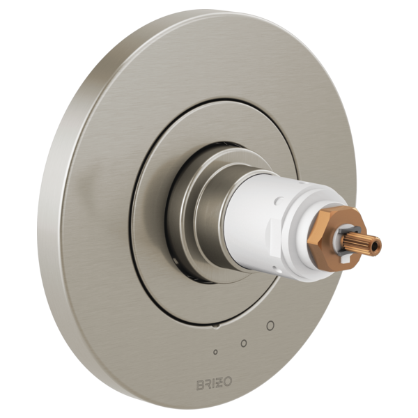Brushed nickel circular thermostatic valve trim with white cartridge and copper internal components, no handles included.