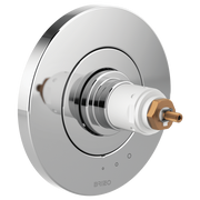 Chrome thermostatic valve trim with white cartridge and brass connector port, no handles attached.