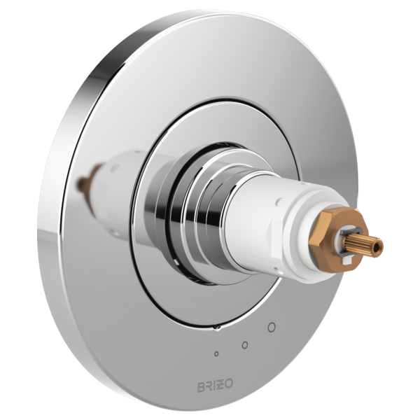 Chrome thermostatic valve trim with white cartridge and brass connector port, no handles attached.