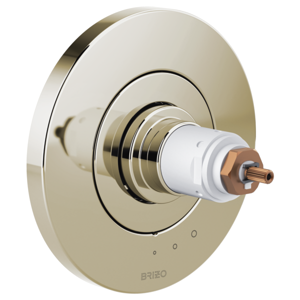 Brushed nickel round thermostatic valve trim with concentric rings and white cartridge valve core visible.