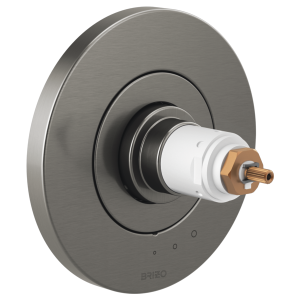 Brushed nickel round thermostatic valve trim with white cartridge and bronze connector, no handles attached.