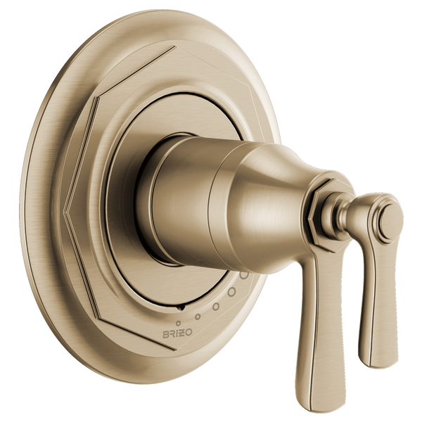 Brushed nickel thermostatic valve trim with circular backplate and dual lever handles.