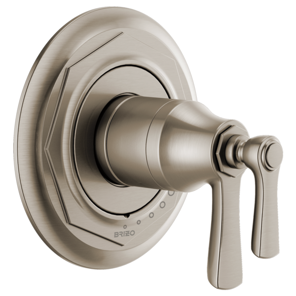 Brushed nickel thermostatic valve trim with octagonal escutcheon plate and dual lever handles.