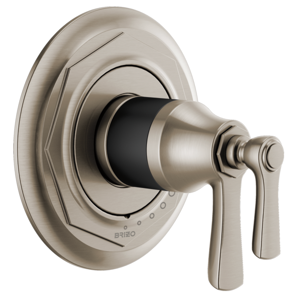 Brushed nickel thermostatic valve trim with octagonal escutcheon plate and dual lever handles.