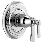 Chrome thermostatic valve trim with circular escutcheon plate and dual lever handles.