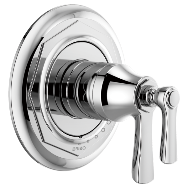Chrome thermostatic valve trim with circular escutcheon plate and dual lever handles.