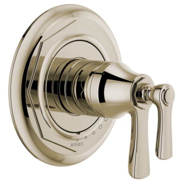 Polished nickel thermostatic shower valve trim with round escutcheon plate and dual lever handles.