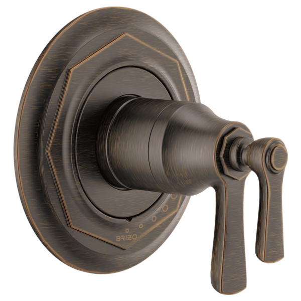 Brizo Rook thermostatic valve trim with round escutcheon plate and dual lever handles in oil-rubbed bronze finish.
