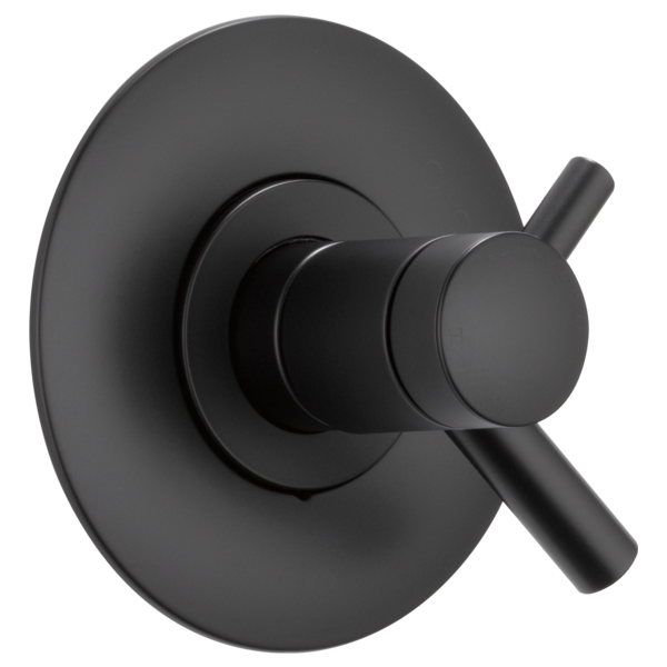 Black matte thermostatic valve trim with circular backplate and cross handle on white background.