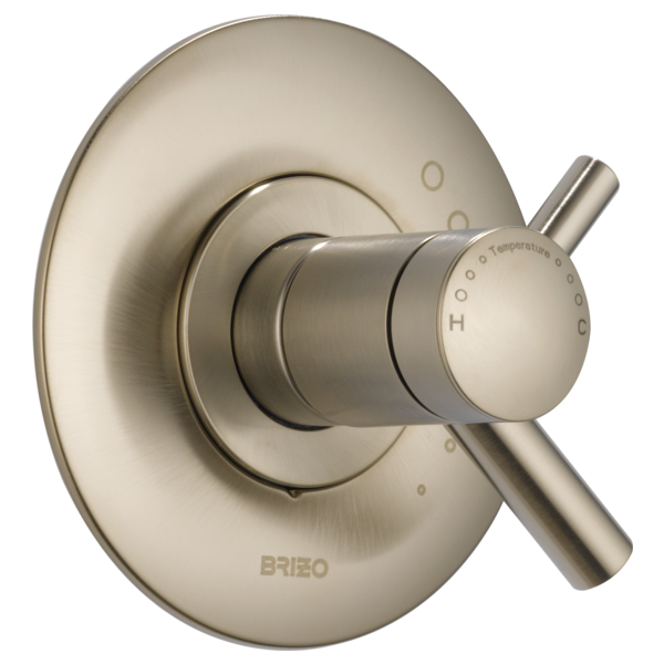 Brizo Odin brushed nickel thermostatic valve trim with round escutcheon and lever handle.