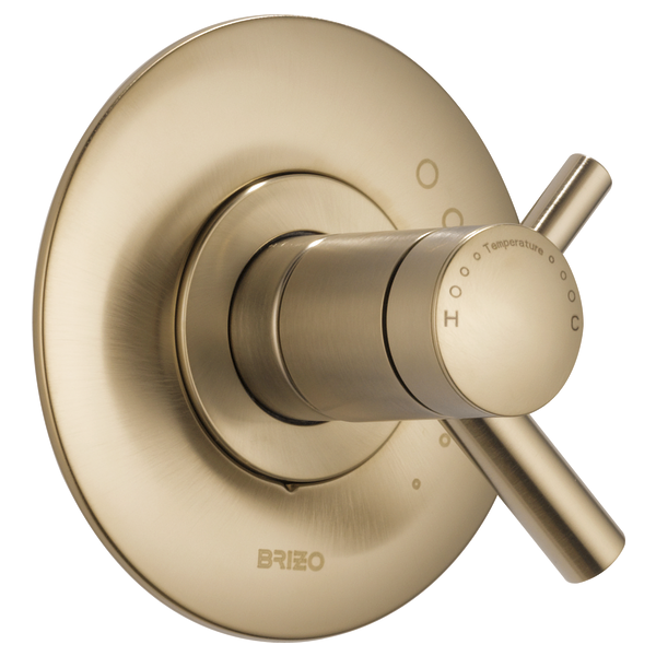 Brushed nickel thermostatic valve trim with circular escutcheon plate and dual lever handles marked with temperature indicato
