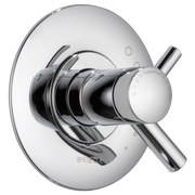 Chrome thermostatic valve trim with round escutcheon plate and dual lever handles for temperature control.