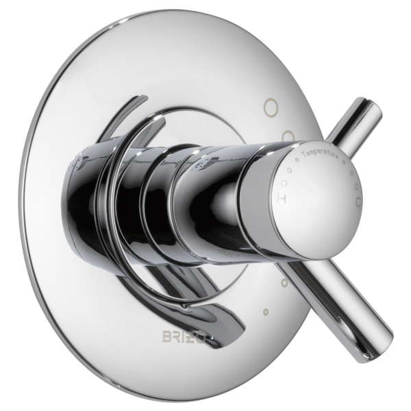 Chrome thermostatic valve trim with round escutcheon plate and dual lever handles for temperature control.