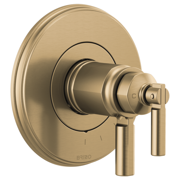 Champagne bronze thermostatic valve trim with round escutcheon plate and lever handle.